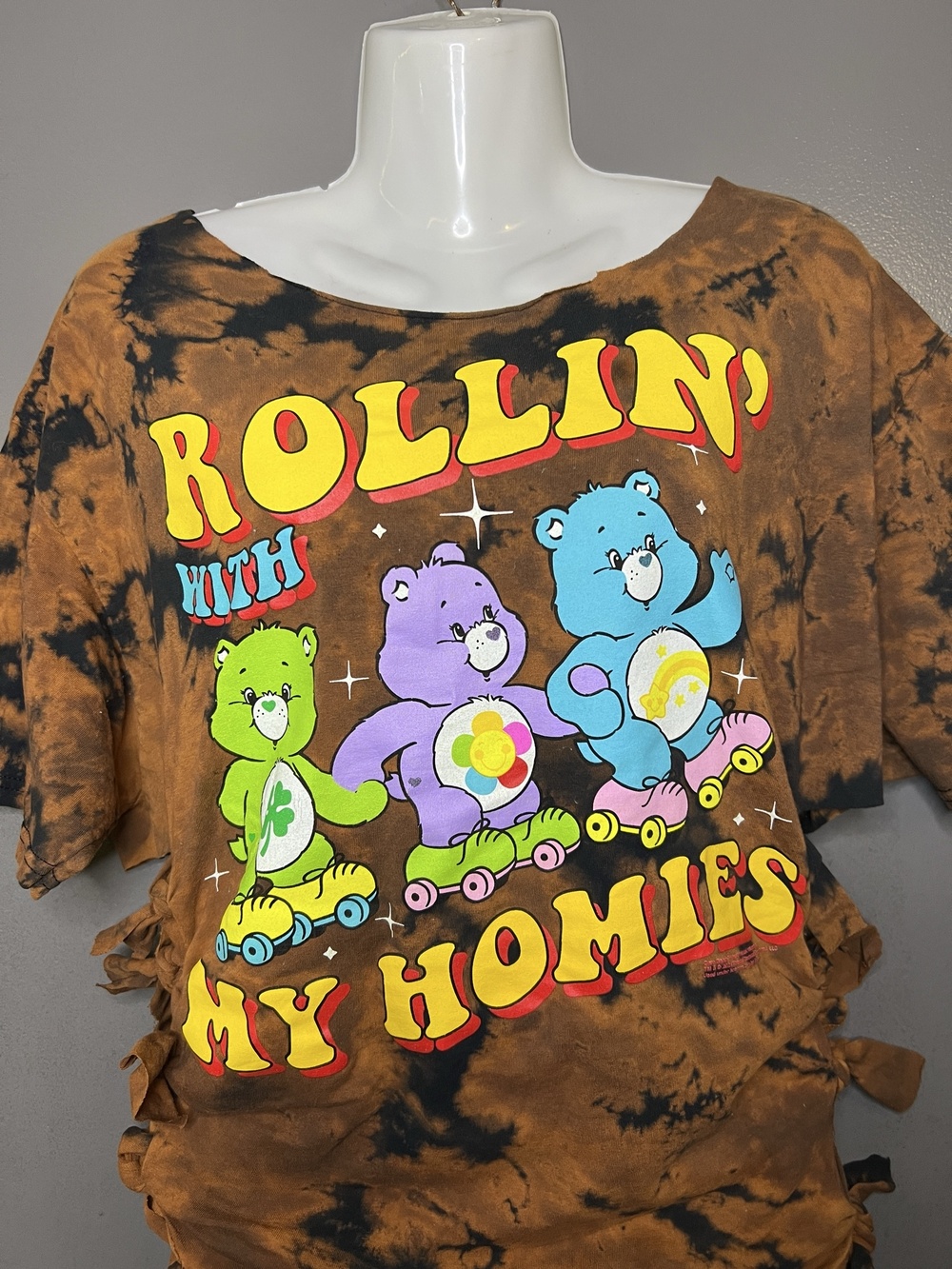 Care Bears Shirt Womens Size Medium Brown Tie Dye Roller Skating Graphic Top